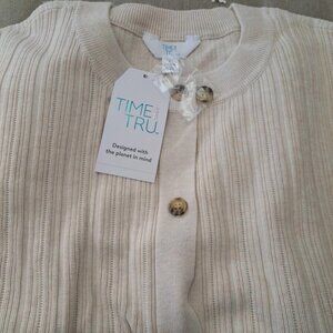Time and Tru Womens Fine Gauge Rib Crew Cardigan Oatmeal Heather Size L